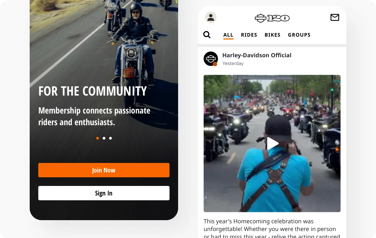 Screenshots from the Harley Davidson in-app community