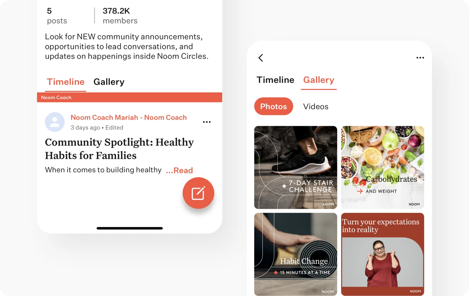 Gallery and timeline inside the Noom app