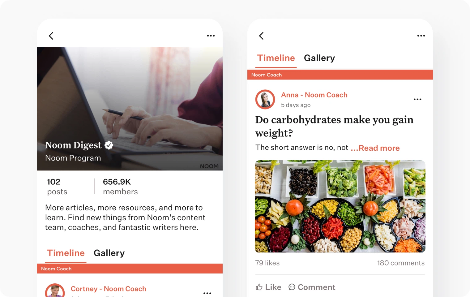 Timeline with articles inside the Noom app